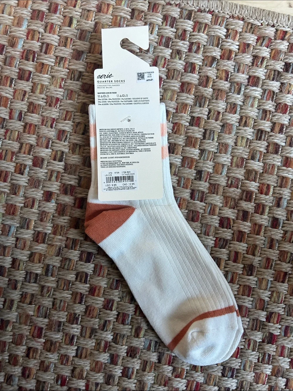 aerie White Socks with Peach Stripes and Rust Heel